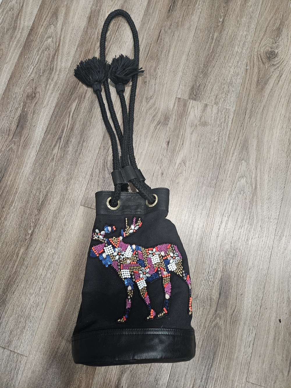 Abercrombie & Fitch Black Mini Bucket Bag with Multicolor Beaded Moose